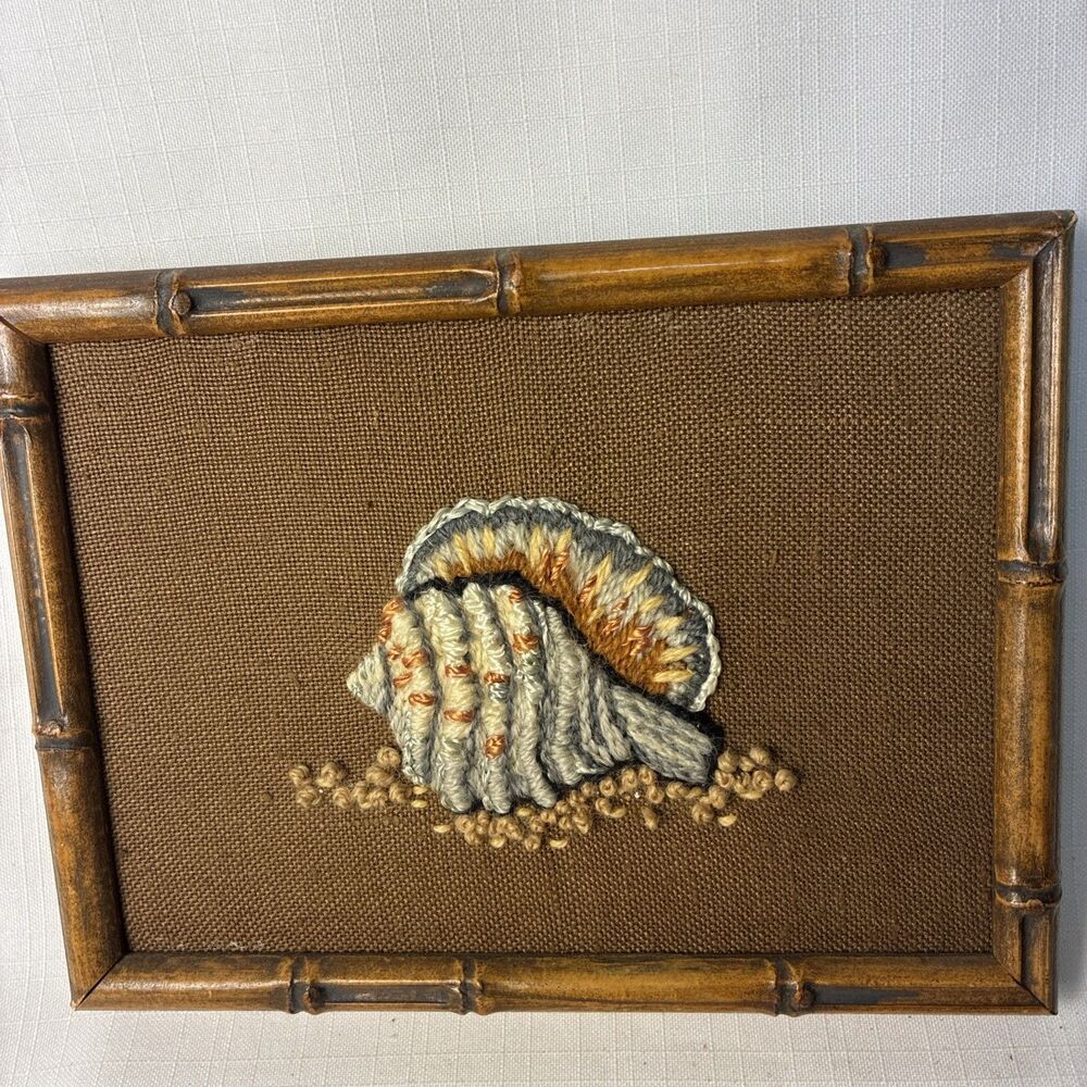 Conch Cone seashell Jiffy Sunset Finished Crewel Embroidery Framed vintage